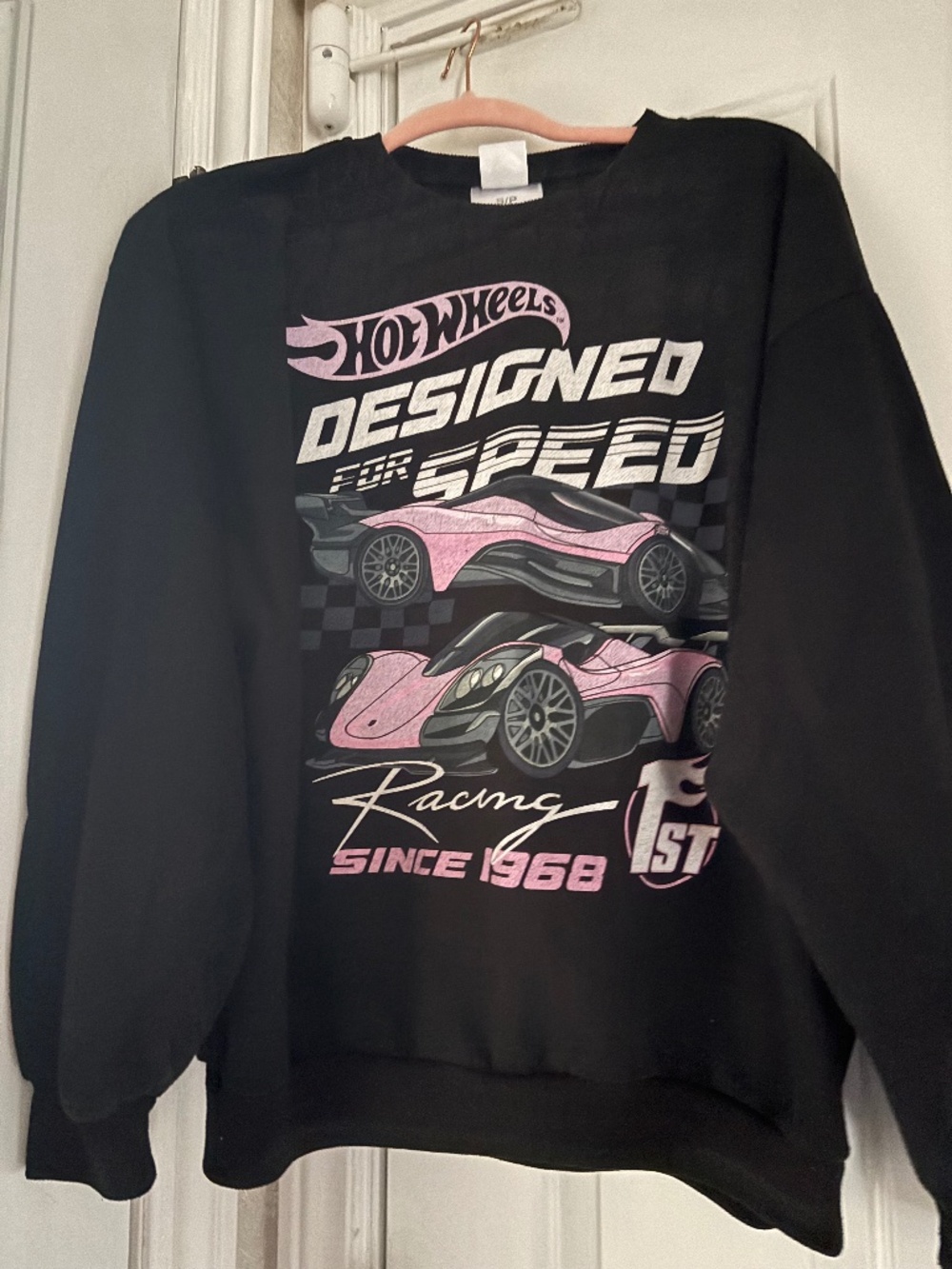 Hot Wheels Women’s Graphic Sweatshirt Black Pink Cars Size Small S